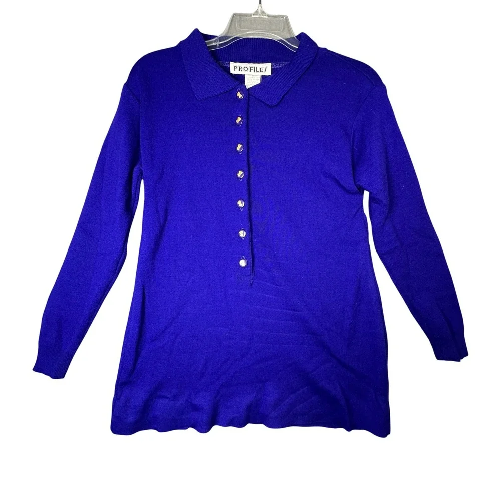 Profiles Vintage Long Sleeve Polo Sweater Cobalt Blue Gold Buttons  Layering S